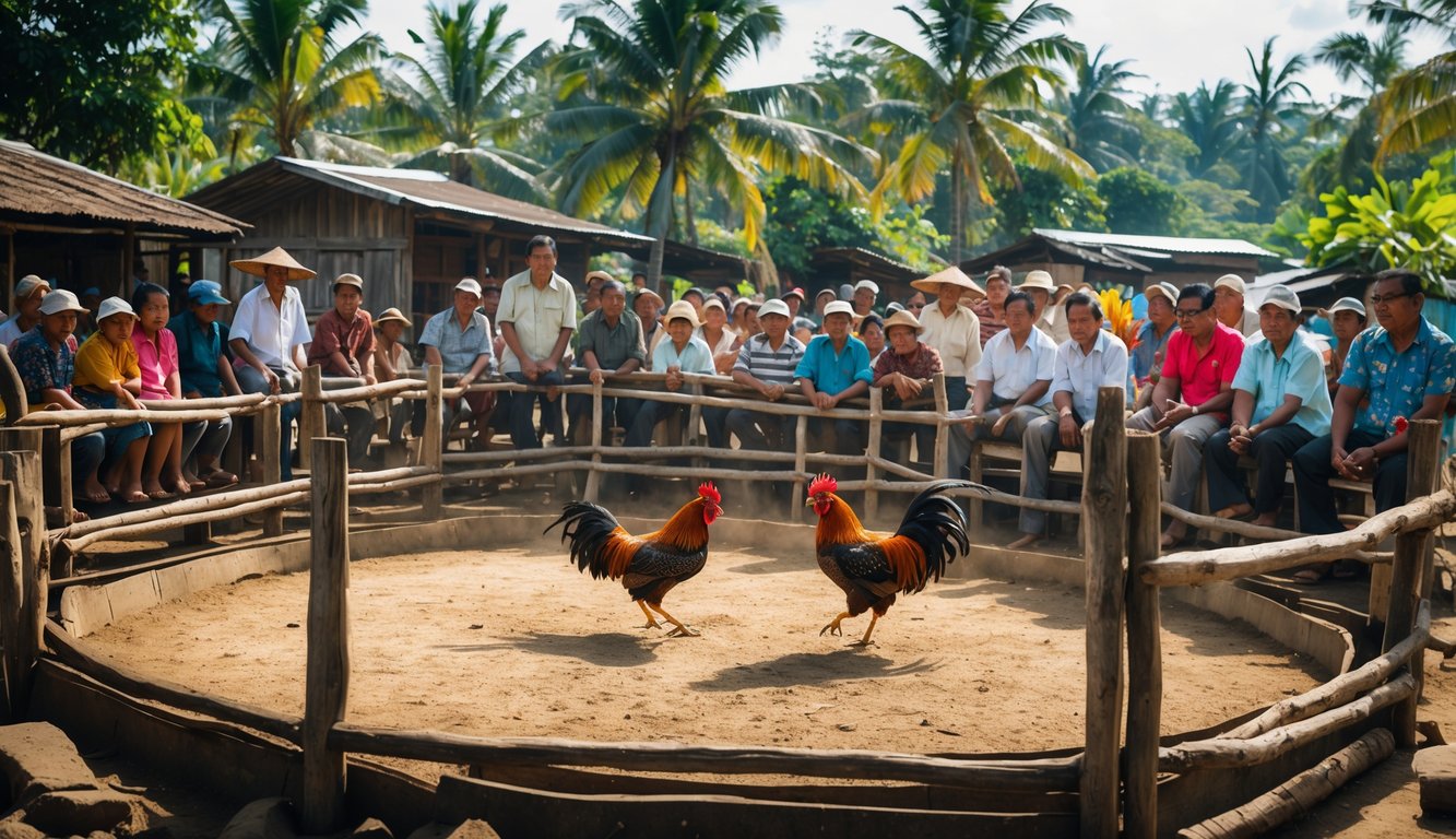 Dua ayam aduan sedang bertarung di arena tanah dikelilingi oleh orang-orang yang menonton dengan penuh perhatian di lingkungan pedesaan Indonesia.