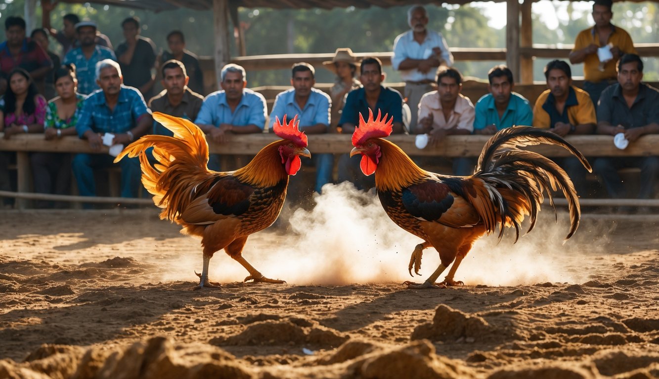 Dua ayam jago sedang bertarung di arena terbuka dengan penonton yang memperhatikan dan bertaruh di sekitarnya.