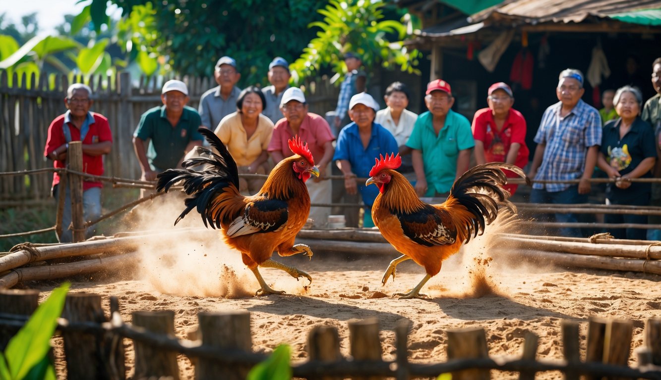 Dua ayam jago sedang bertarung di arena terbuka dengan sekelompok orang menonton di sekitarnya di lingkungan pedesaan.