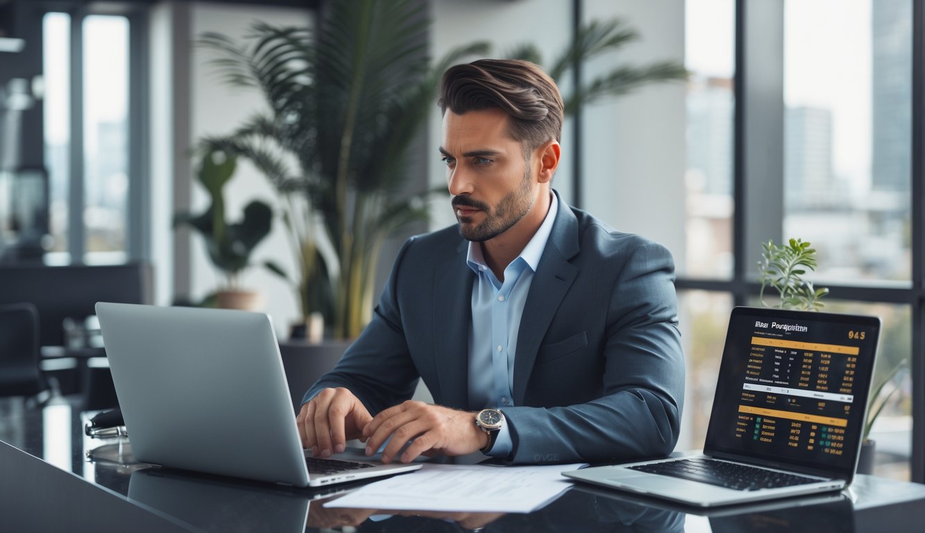 Seorang pria profesional sedang bekerja di kantor modern dengan laptop dan dokumen, menunjukkan suasana kerja yang serius dan terorganisir.