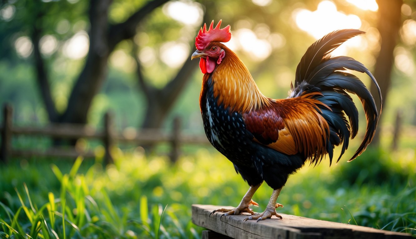 Seekor ayam sabung yang sehat dan energik berdiri di atas panggungan kayu di tengah lingkungan peternakan yang hijau.