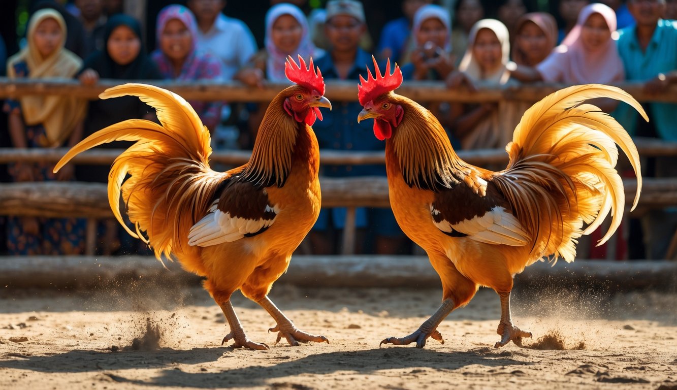 Dua ayam jago sedang bertarung di arena kayu dengan penonton di latar belakang yang memperhatikan dengan antusias.