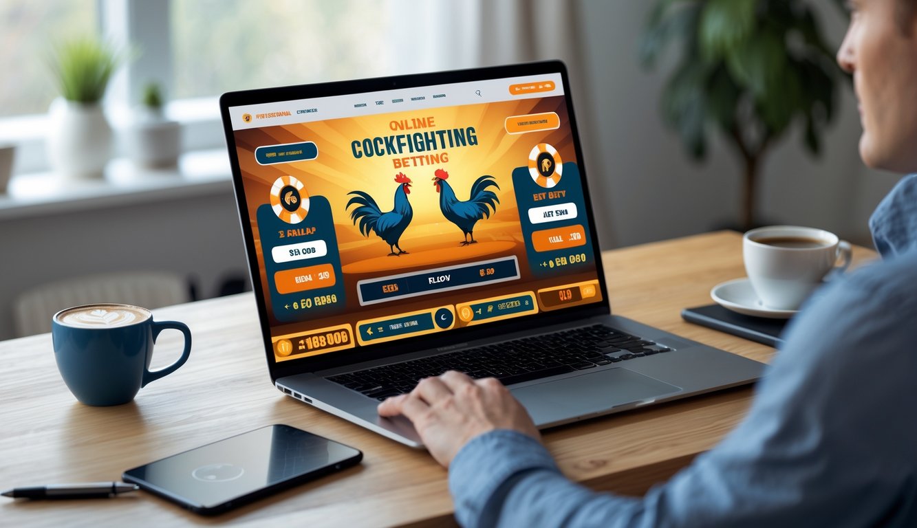 Sebuah meja kerja dengan laptop yang menampilkan situs taruhan sabung ayam online, dikelilingi oleh ponsel, cangkir kopi, dan buku catatan di ruangan yang terang.
