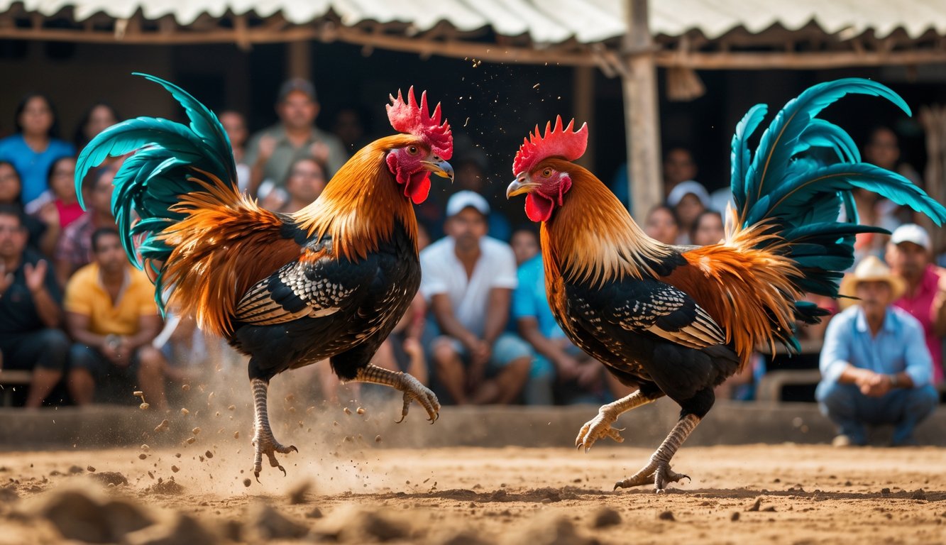 Dua ayam jago sedang bertarung di udara dengan penonton yang antusias di latar belakang.