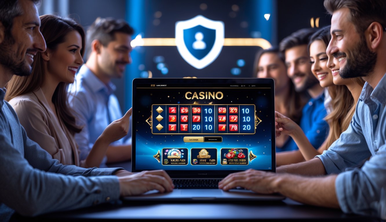 Orang-orang sedang menggunakan komputer dengan tampilan permainan kasino online yang menarik di ruang tamu.