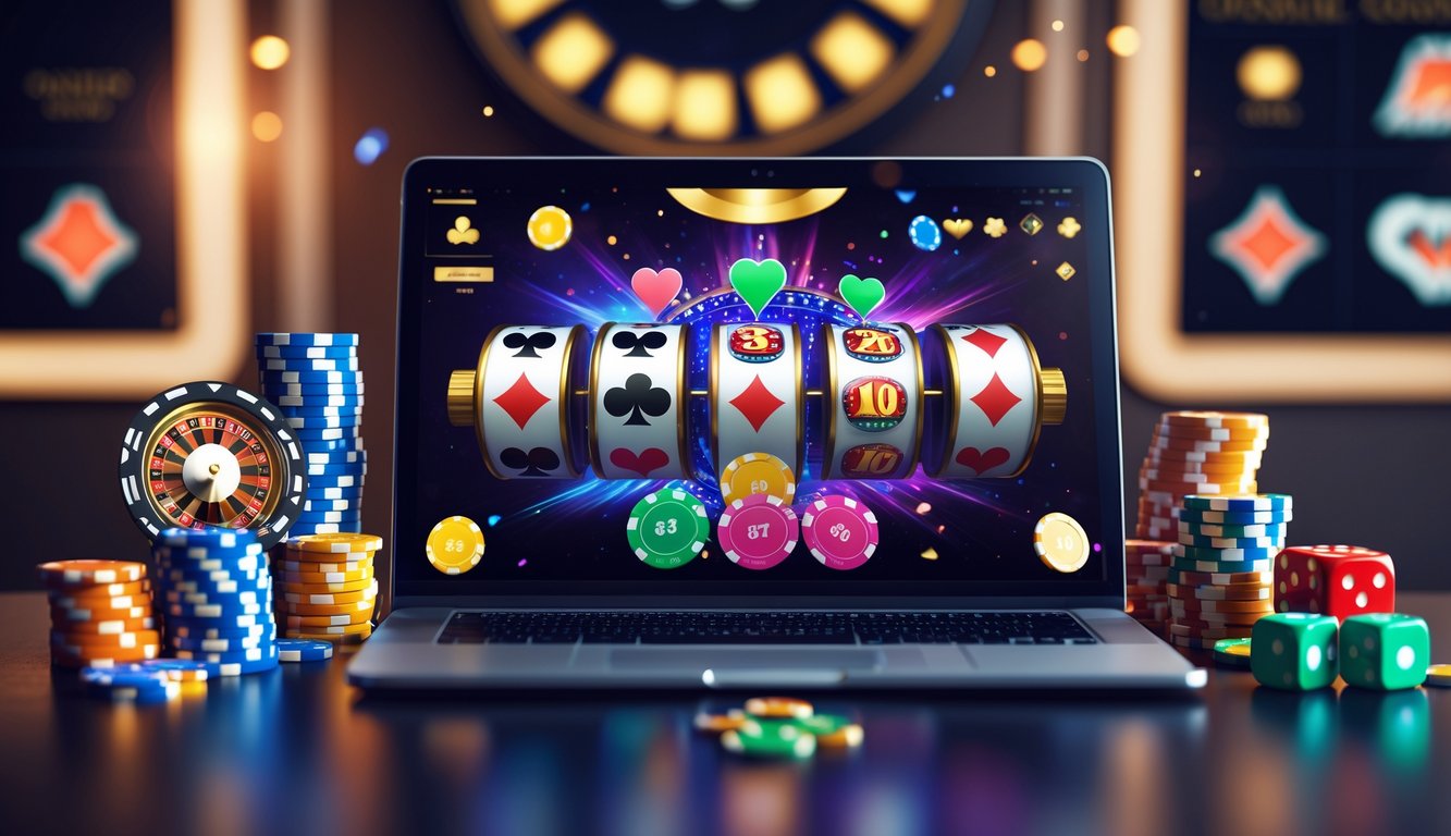 Sebuah komputer menampilkan permainan kasino online dengan chip poker, kartu, dan roda roulette di latar belakang.