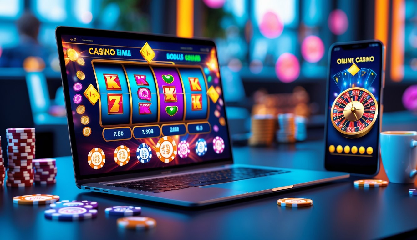 Sebuah laptop dan ponsel menampilkan permainan kasino online dengan latar belakang meja yang rapi dan beberapa chip kasino serta dadu.