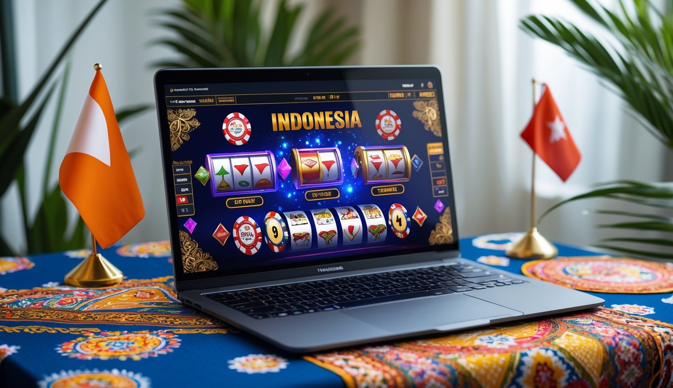 Sebuah laptop menampilkan permainan kasino online dengan elemen budaya Indonesia di sekitarnya.