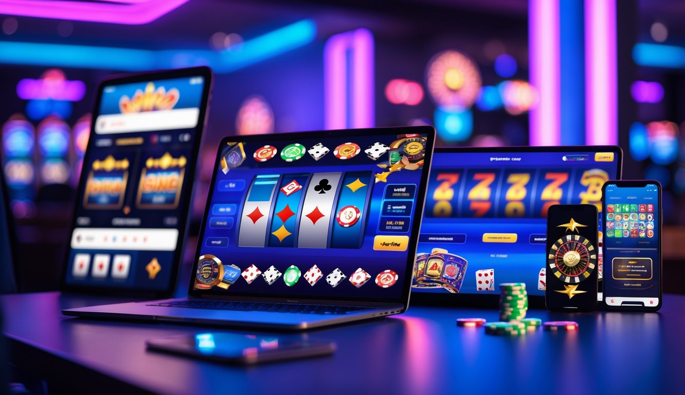 Tampilan perangkat digital dengan berbagai permainan kasino online populer seperti poker, roulette, dan mesin slot.