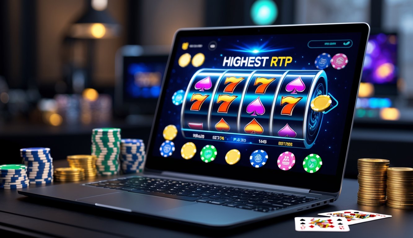 Seorang pengguna sedang bermain kasino online di laptop dengan latar belakang chip poker dan kartu remi di atas meja kayu gelap.