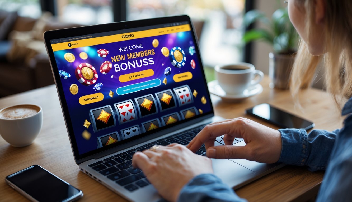 Seseorang menggunakan komputer dengan layar yang menampilkan permainan kasino online di lingkungan rumah yang nyaman.