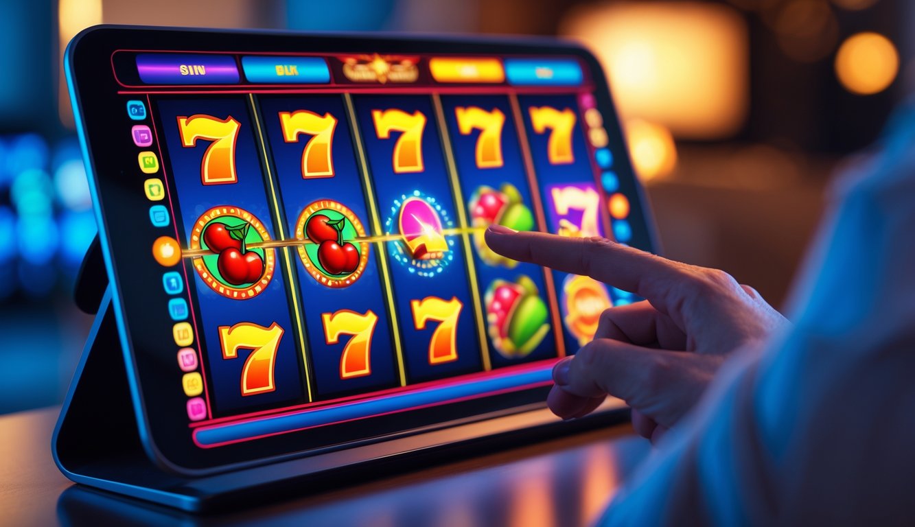 Tangan seseorang sedang menggunakan perangkat layar sentuh untuk bermain mesin slot online dengan simbol warna-warni di layar.