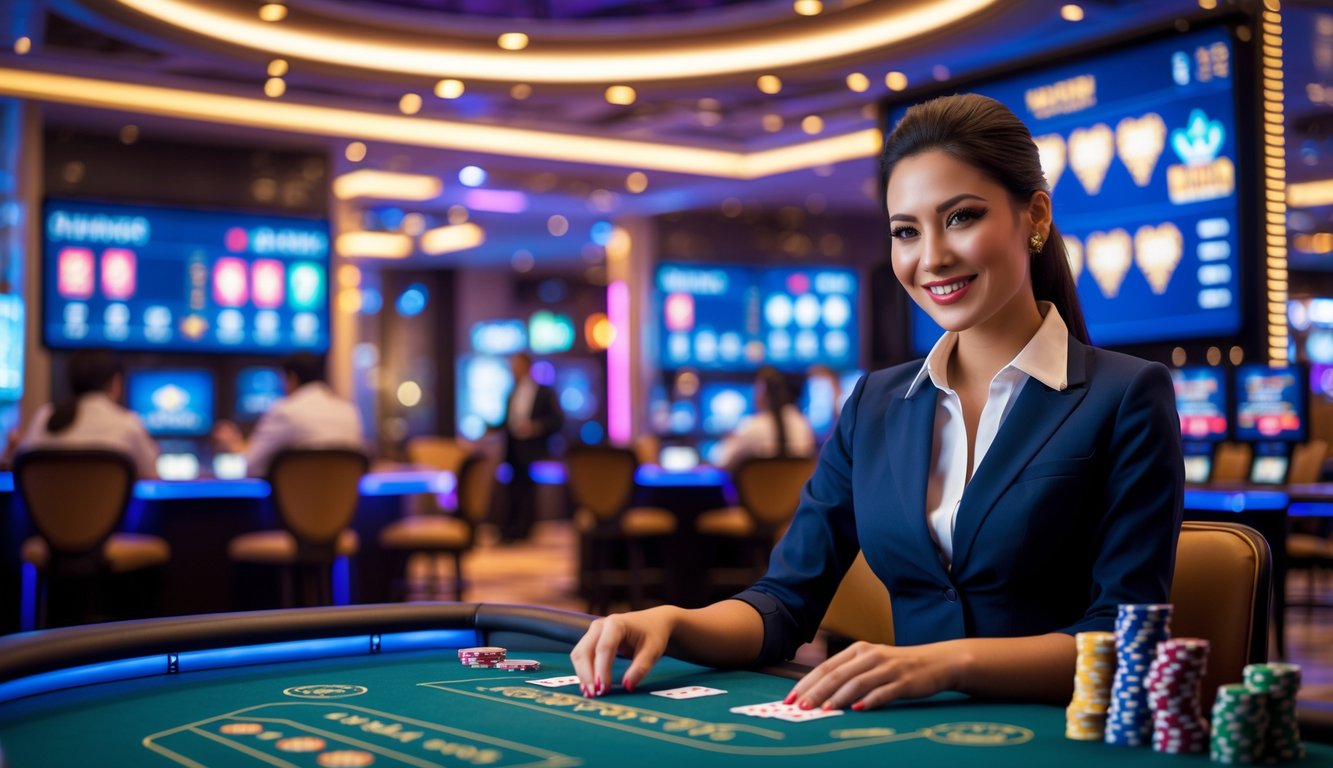 Seorang dealer wanita tersenyum di meja kasino dengan layar digital di latar belakang, suasana kasino online yang hidup dan modern.