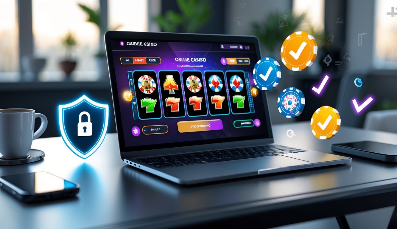 Seorang pengguna sedang menggunakan laptop dengan tampilan permainan kasino online yang aman dan terpercaya di meja kerja.