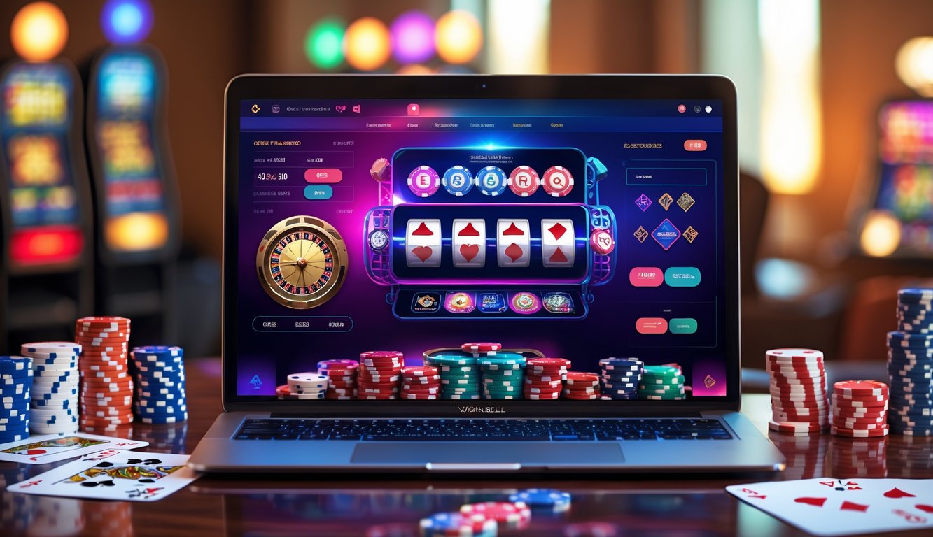 Sebuah laptop menampilkan permainan kasino online dengan chip poker dan kartu di atas meja kayu.