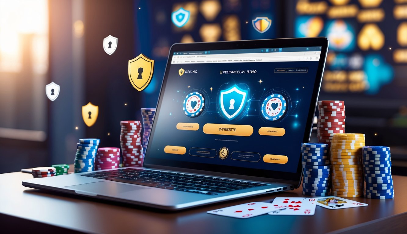Seorang laptop di atas meja kayu dengan chip poker, kartu remi, dan dadu di sekitarnya, menampilkan suasana kasino online yang aman dan terpercaya.