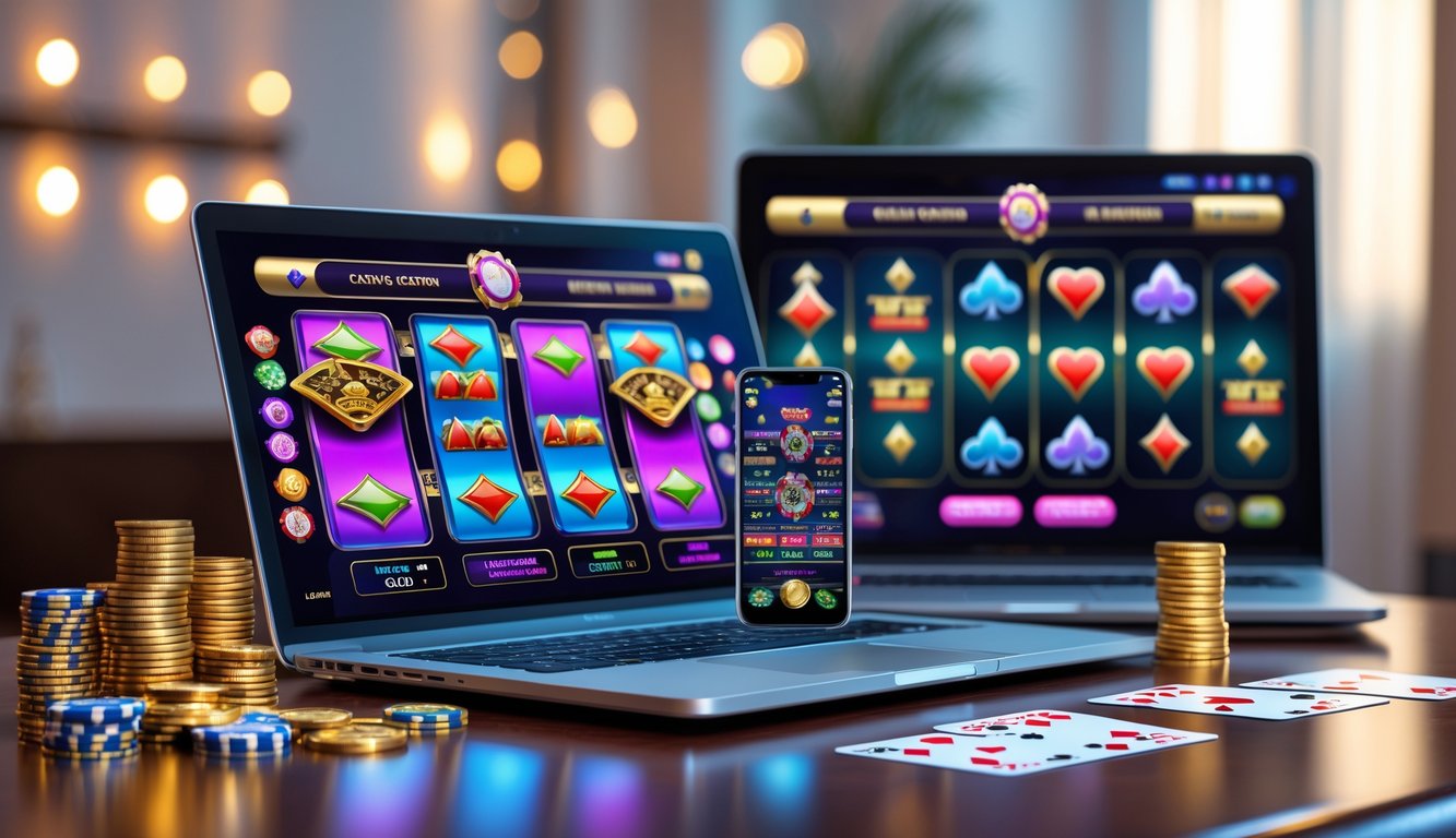 Sebuah laptop dan ponsel menampilkan permainan kasino online dengan chip poker dan kartu di atas meja kayu yang rapi.