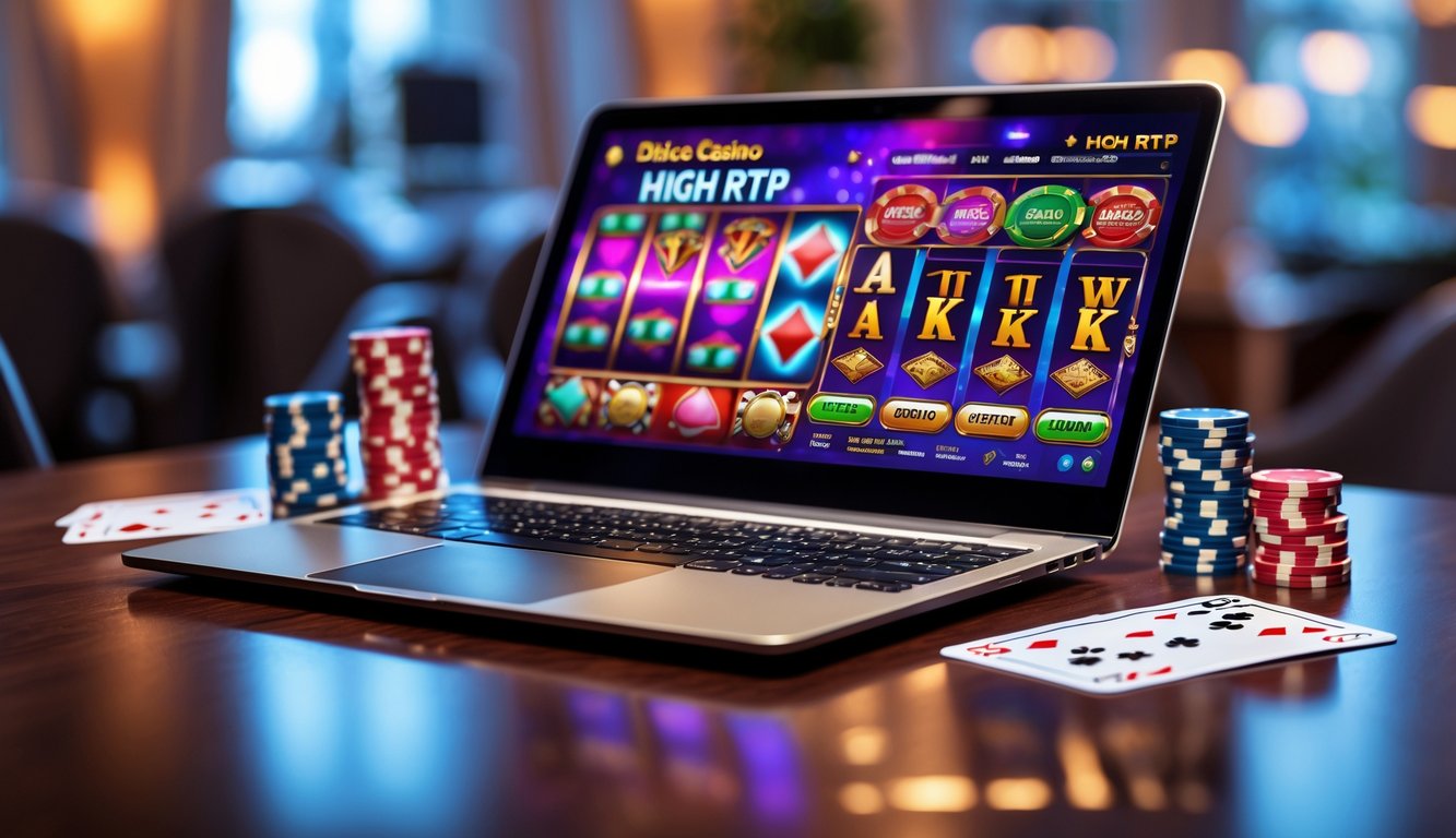 Sebuah laptop menampilkan permainan kasino online dengan chip poker dan kartu bermain di atas meja kayu.