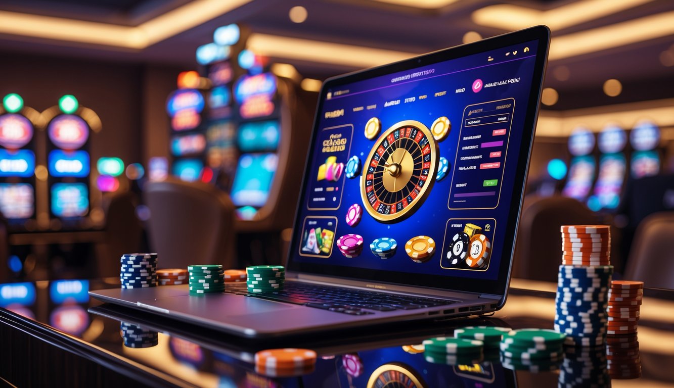 Seorang pengguna sedang bermain permainan kasino online di laptop dengan chip poker dan kartu di meja.