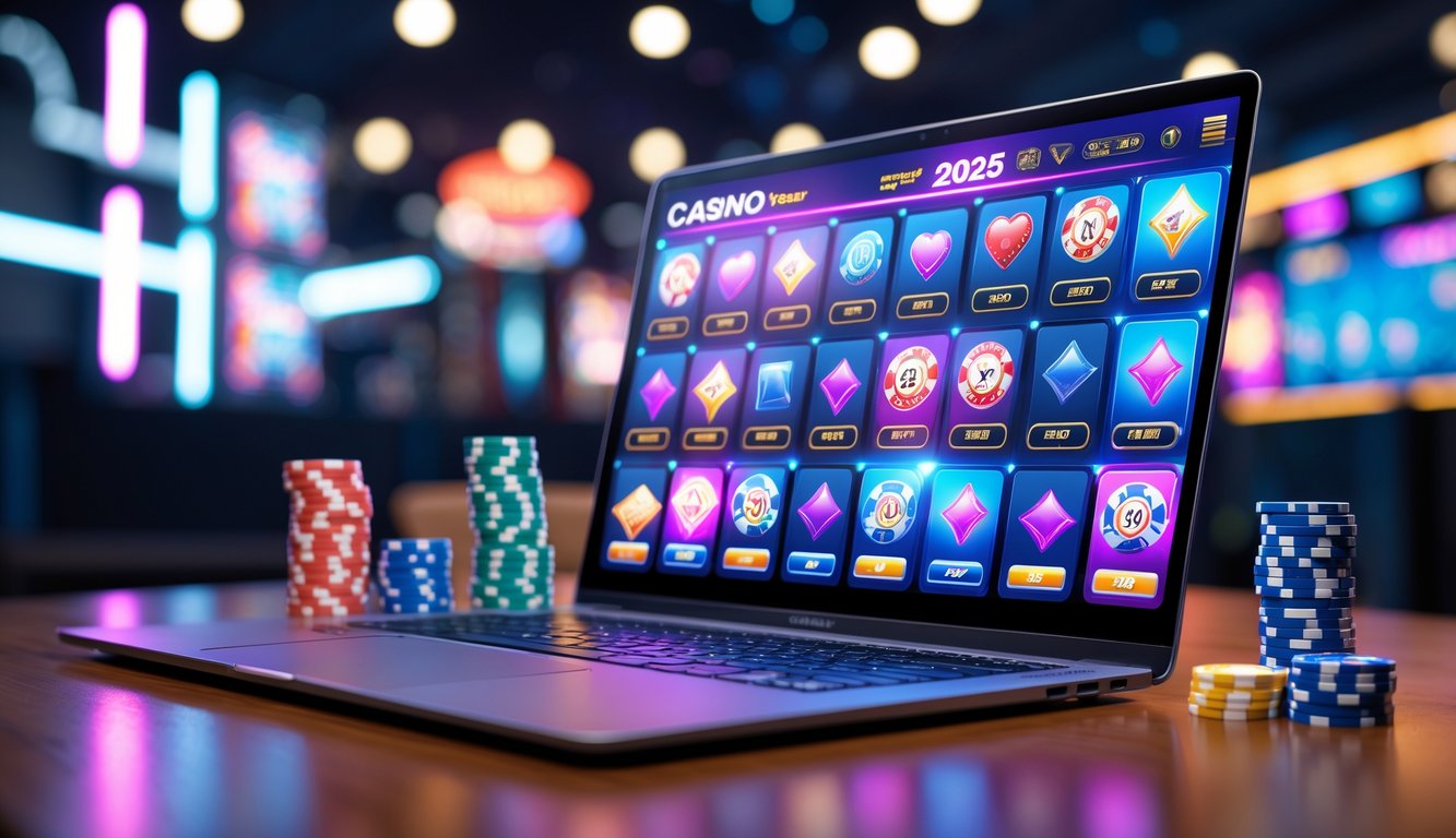 Sebuah laptop dengan tampilan permainan kasino online dikelilingi chip poker, kartu remi, dan dadu di atas meja kayu.
