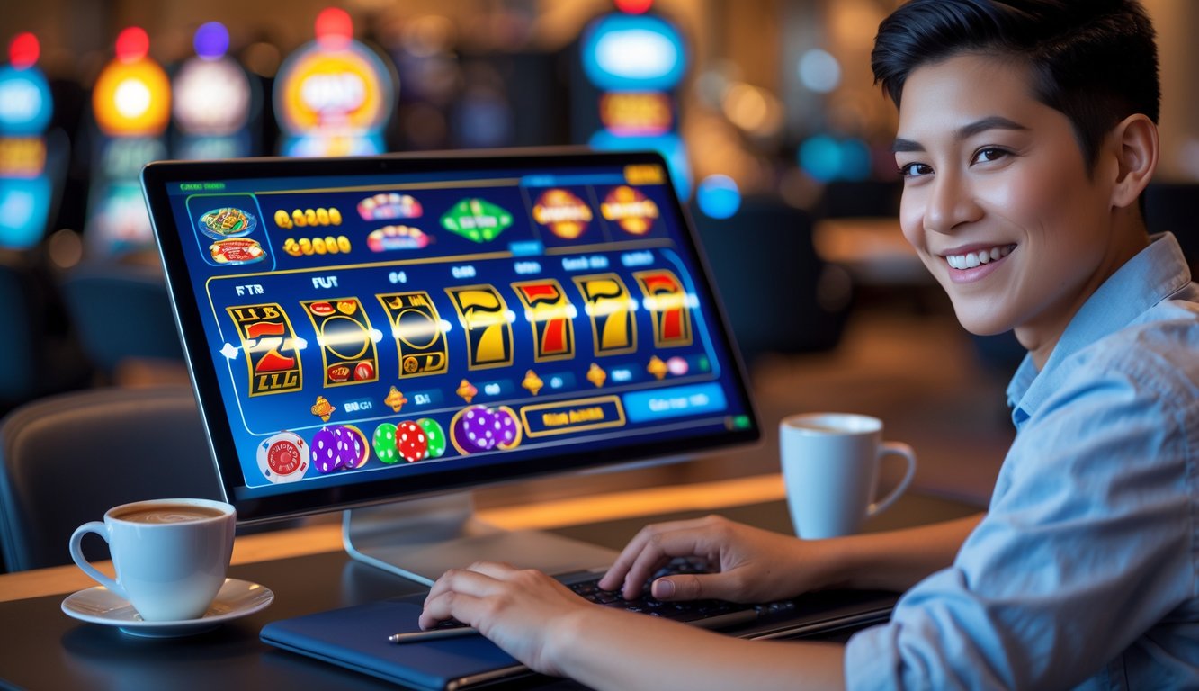 Seseorang sedang menggunakan komputer dengan tampilan kasino online yang berwarna-warni di layar, suasana nyaman dan ramah.