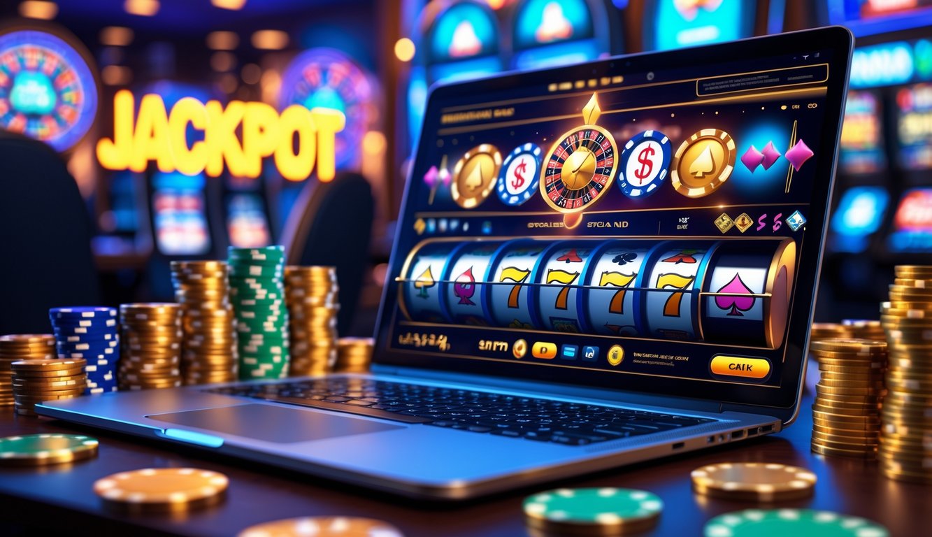 Sebuah laptop menampilkan permainan kasino online dengan tumpukan chip poker dan koin emas di atas meja kayu.