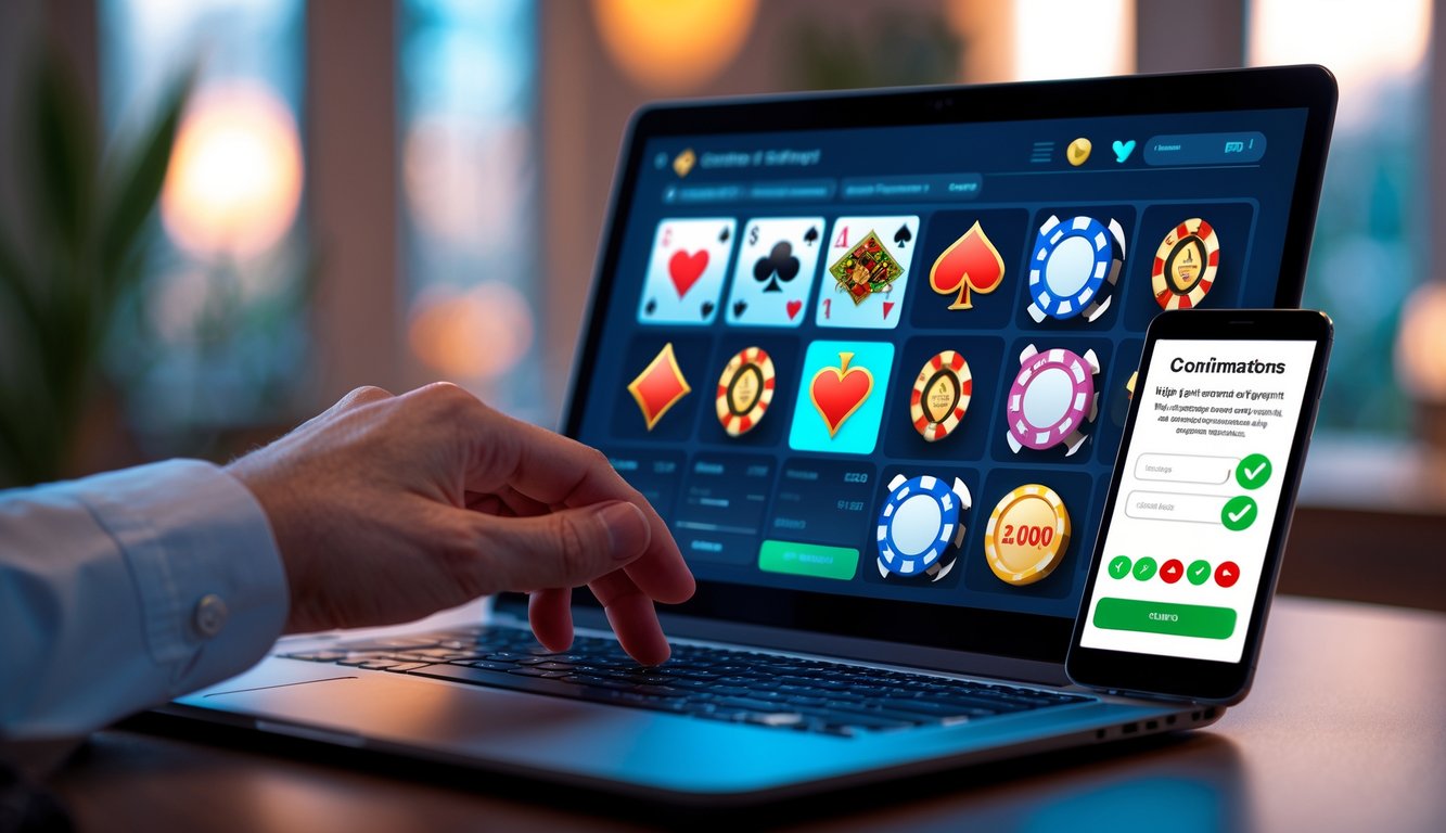 Seseorang menggunakan laptop dan ponsel untuk bermain kasino online dengan konfirmasi pembayaran cepat di layar ponsel.