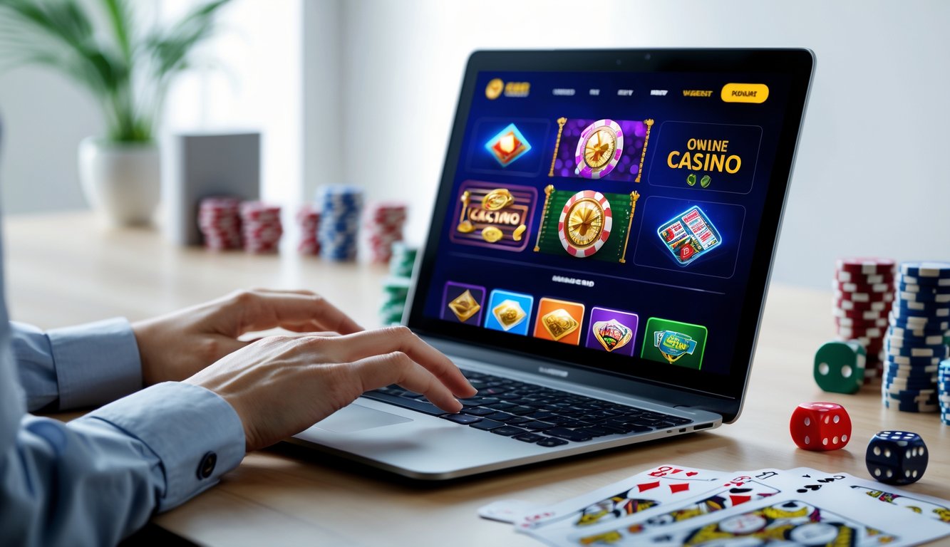 Seorang individu sedang menggunakan laptop dengan tampilan situs kasino online di meja kerja yang rapi dengan chip poker dan kartu remi di sekitarnya.
