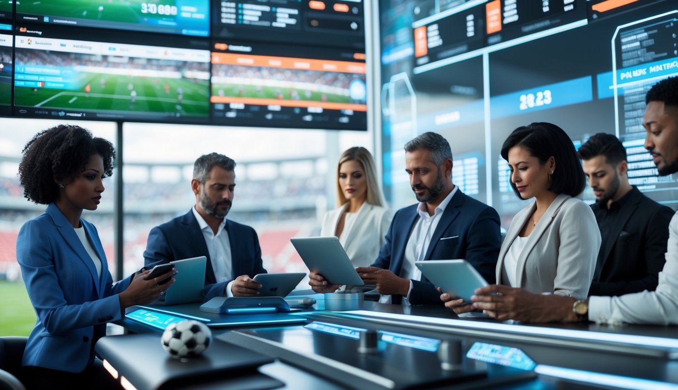 Sekelompok orang dewasa sedang melihat data pertandingan sepak bola di layar digital besar dalam ruangan modern yang terang dan futuristik.