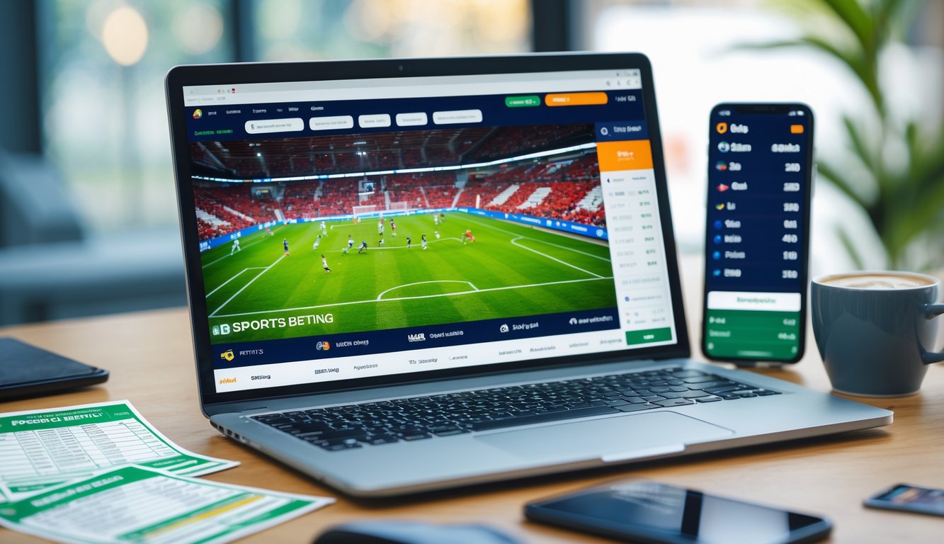 Seorang pengguna duduk di depan laptop dengan tampilan pertandingan sepak bola dan elemen taruhan online di meja kerja.