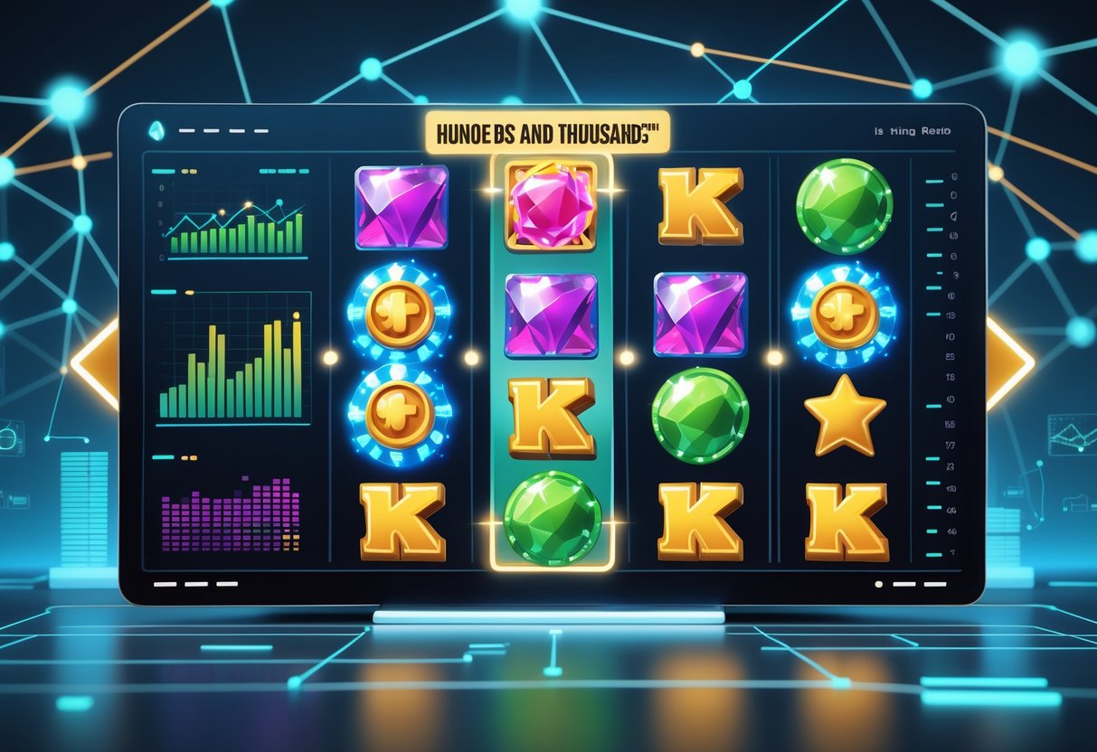 Ilustrasi antarmuka digital dengan gulungan berputar dan grafik statistik yang menunjukkan pola bonus dalam permainan.