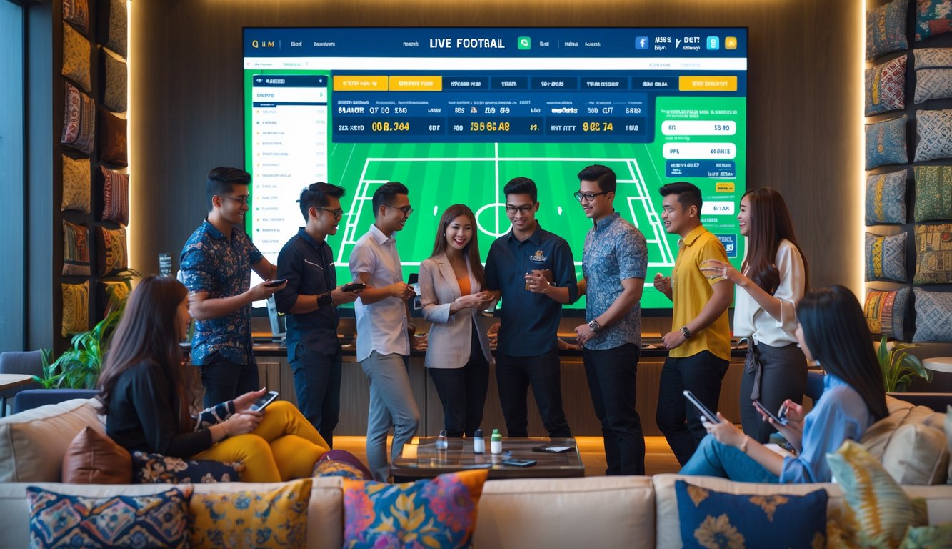 Sekelompok orang muda sedang menonton dan bertaruh pada pertandingan sepak bola di ruang dalam yang modern dan terang dengan layar digital besar.