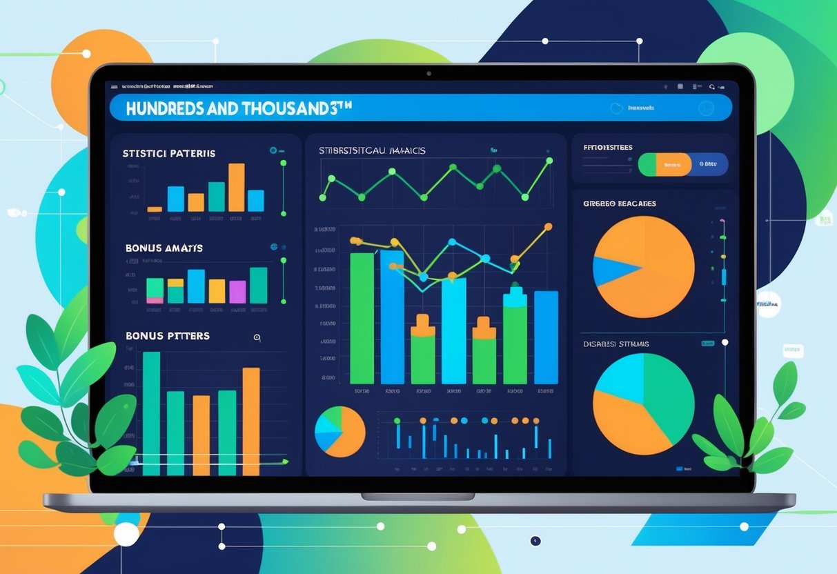 Ilustrasi profesional yang menunjukkan dasbor dengan grafik dan diagram berwarna tentang pola bonus dan statistik putaran dalam permainan.