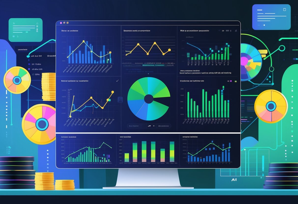 Ilustrasi profesional yang menunjukkan dashboard digital dengan grafik dan data statistik tentang pola bonus berdasarkan hasil putaran dalam permainan.