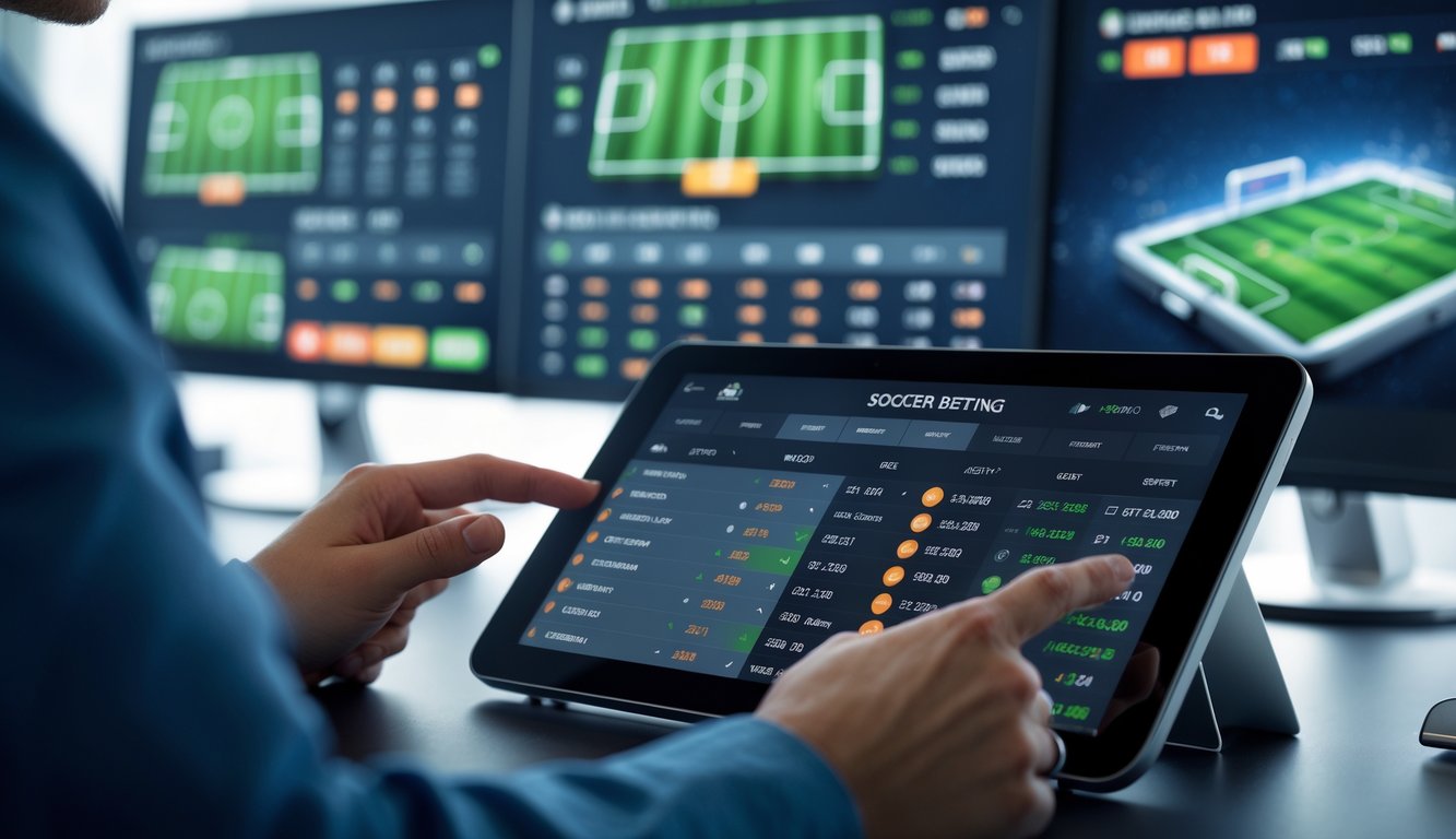 Seseorang menggunakan perangkat layar sentuh dengan tampilan odds taruhan sepak bola tinggi di latar belakang monitor pertandingan sepak bola langsung.