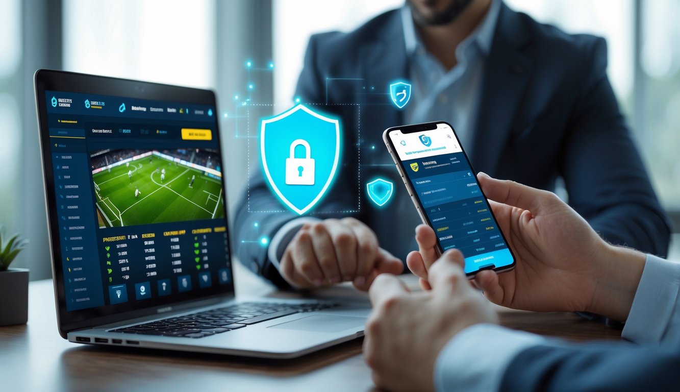 Seseorang menggunakan laptop dan ponsel untuk memasang taruhan olahraga online dengan latar belakang simbol keamanan.