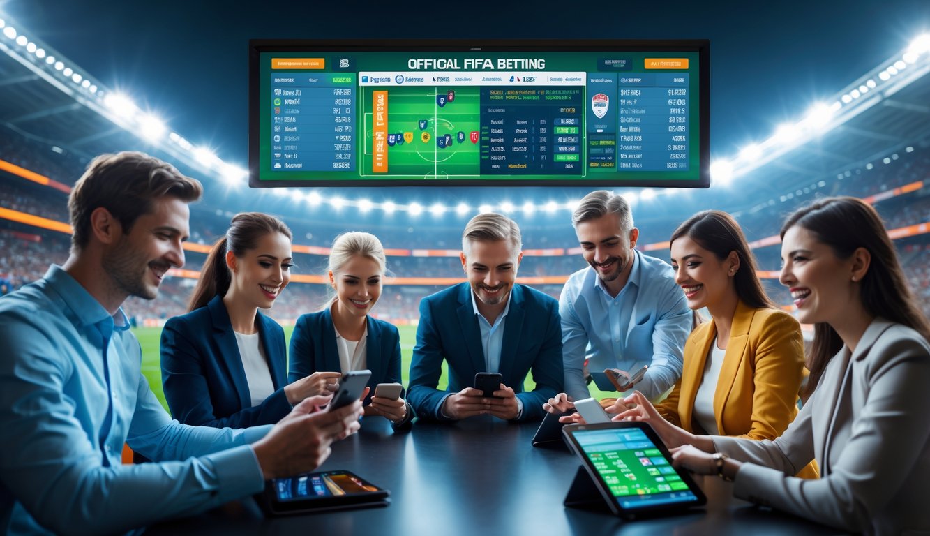 Orang-orang sedang memasang taruhan sepak bola resmi FIFA di lingkungan taruhan modern dengan layar digital dan stadion penuh penonton di latar belakang.