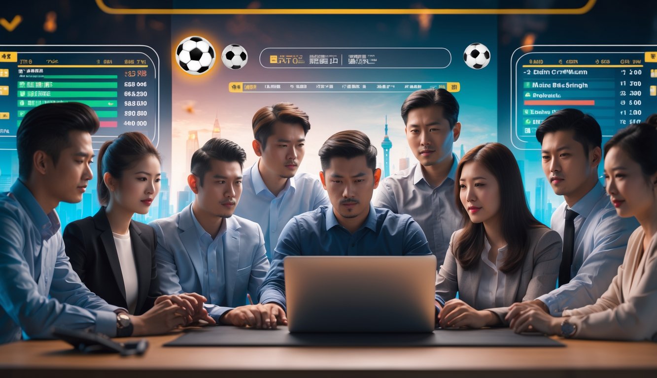Sekelompok orang Asia muda berkumpul di sekitar layar digital yang menampilkan pertandingan sepak bola dan peluang taruhan.