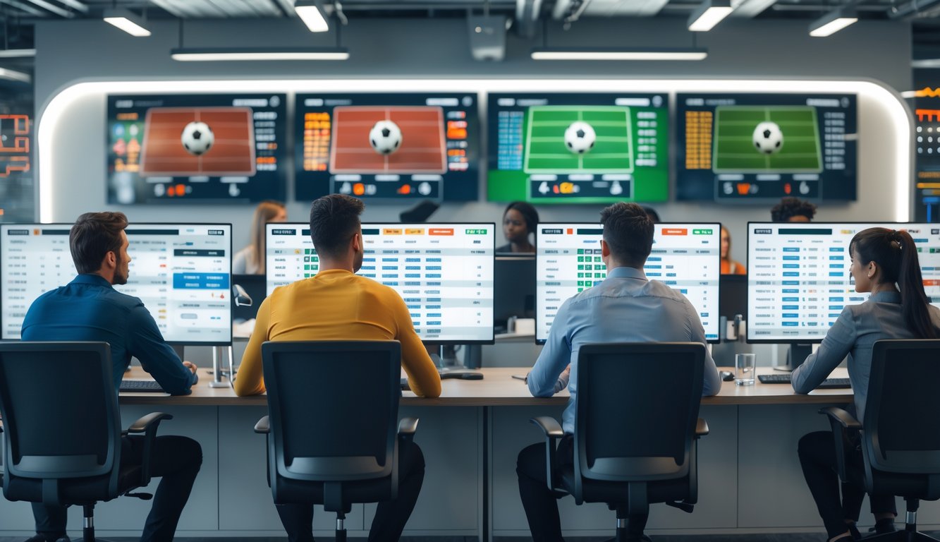 Orang-orang di kantor modern sedang melihat layar besar yang menampilkan pertandingan sepak bola dan peluang taruhan.