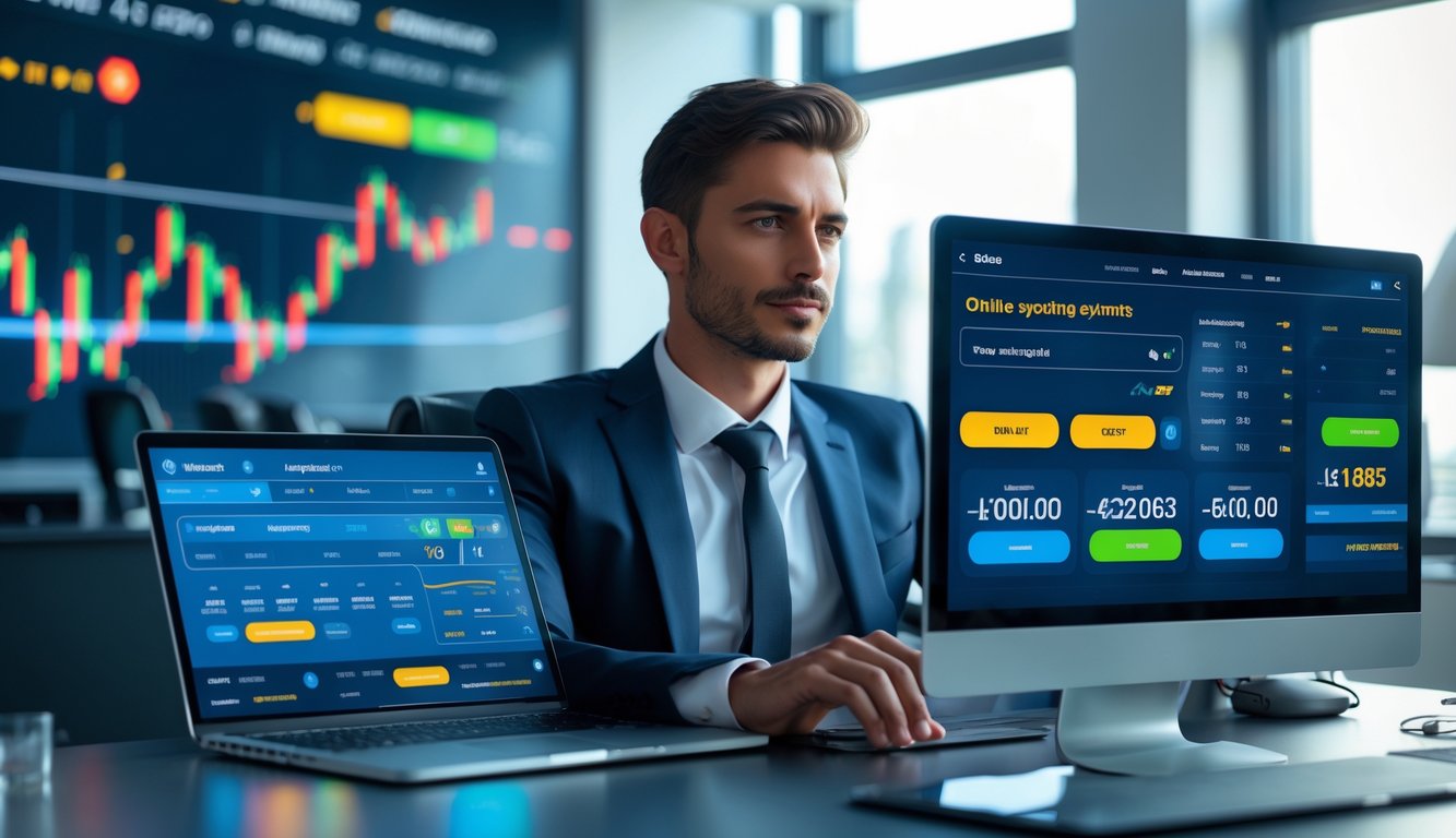 Seorang pria duduk di meja dengan perangkat digital yang menampilkan antarmuka taruhan dan pembayaran cepat olahraga online.