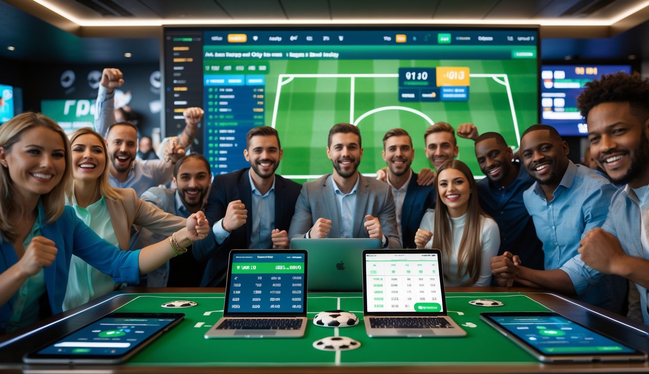 Sekelompok orang sedang melihat layar digital yang menampilkan statistik pertandingan sepak bola dan peluang taruhan di sebuah tempat modern dengan suasana penuh semangat.