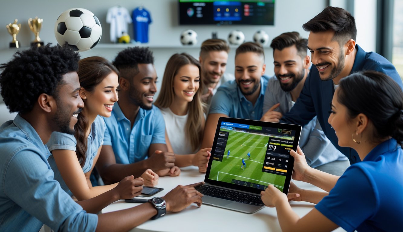 Sekelompok orang sedang menggunakan perangkat digital untuk bertaruh pada pertandingan sepak bola secara online di ruangan yang nyaman.