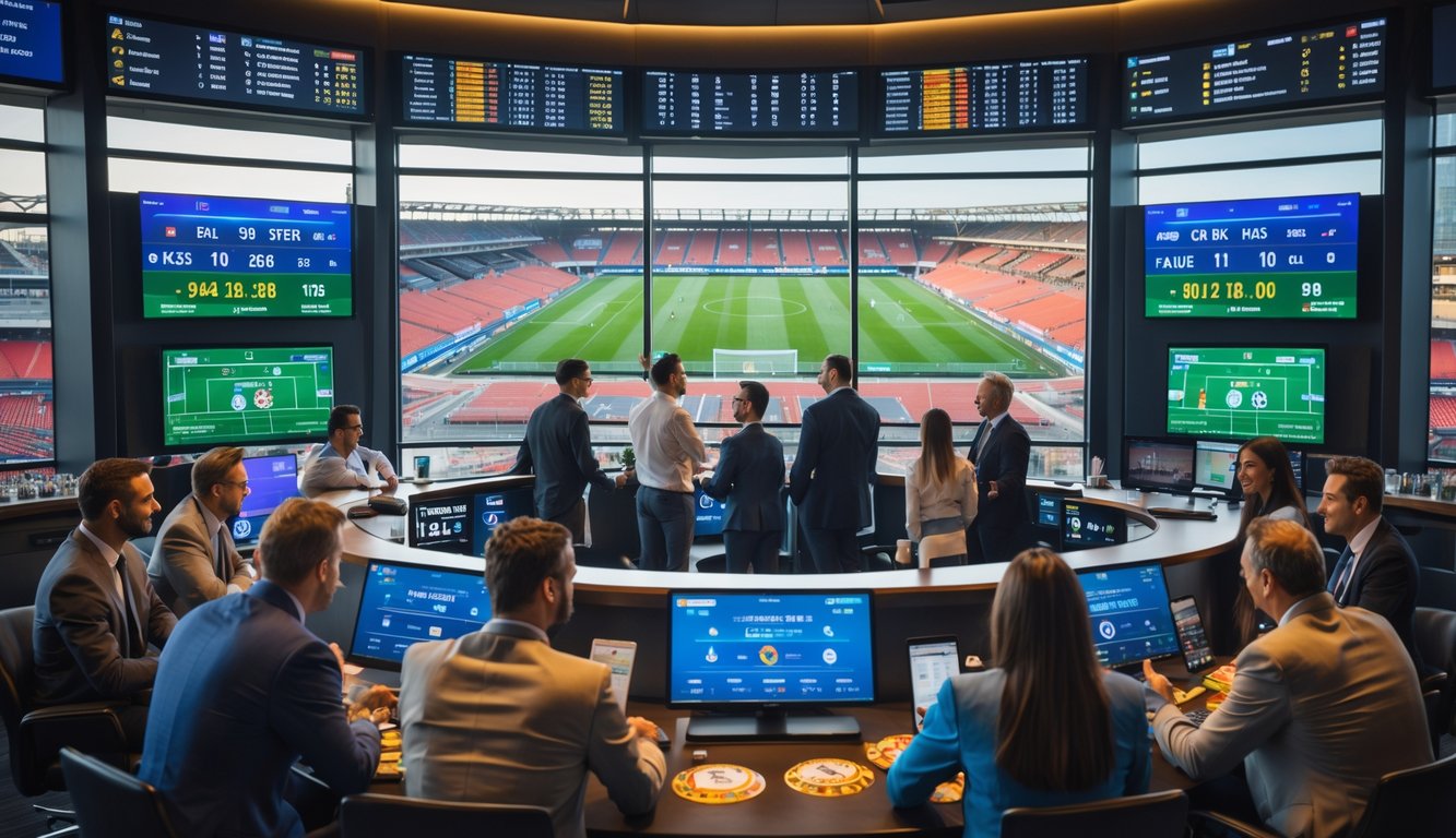 Sekelompok orang sedang melihat layar besar dengan statistik pertandingan sepak bola di ruang taruhan yang modern dan terang.