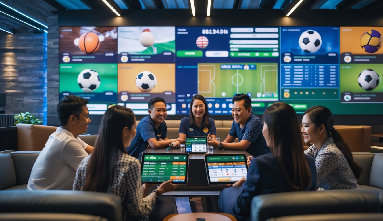 Sekelompok orang di ruang taruhan olahraga modern dengan layar besar menampilkan berbagai pertandingan olahraga populer di Indonesia.