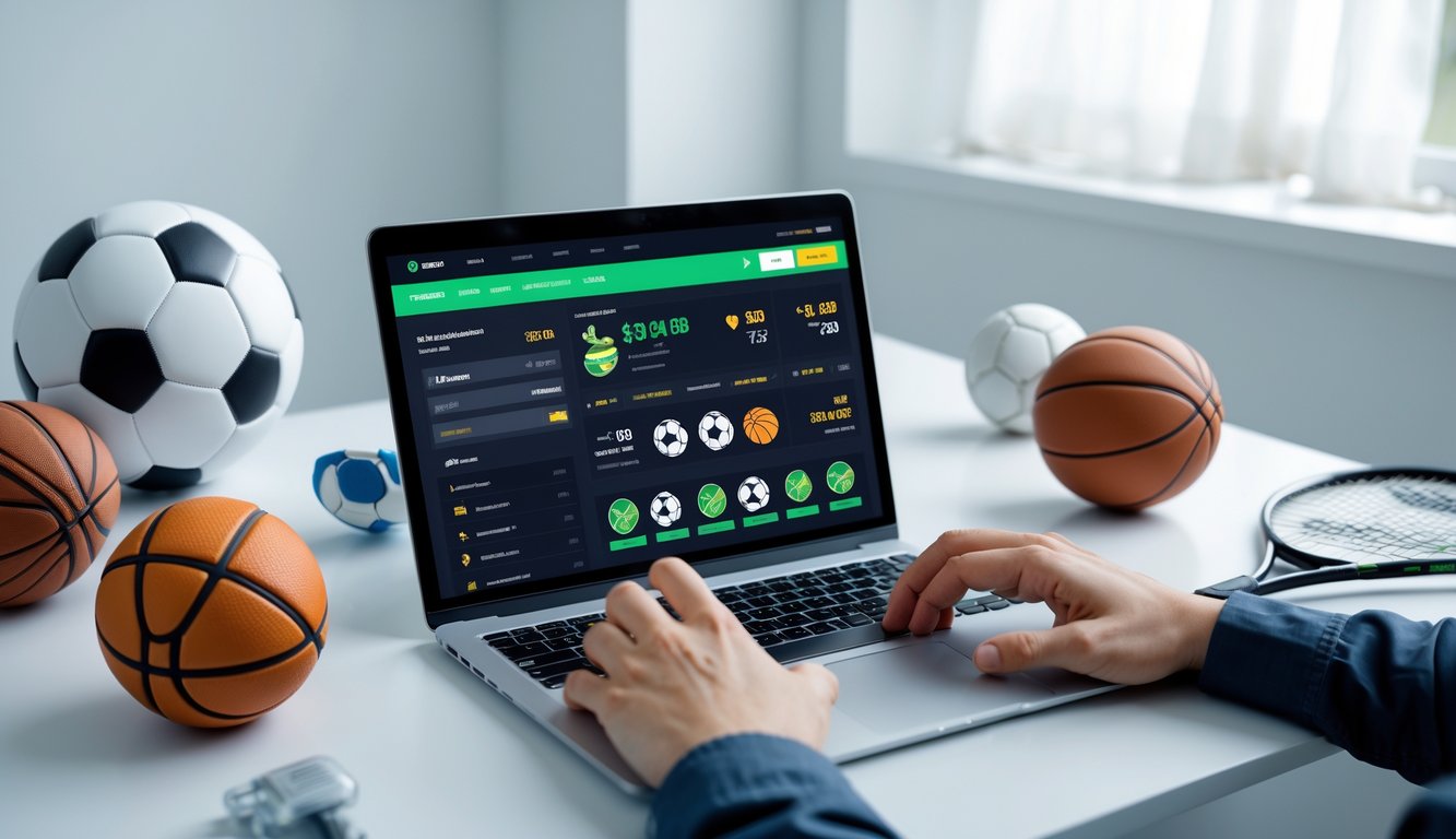 Seorang pengguna sedang menggunakan laptop dengan tampilan situs taruhan olahraga online dan beberapa perlengkapan olahraga di meja.