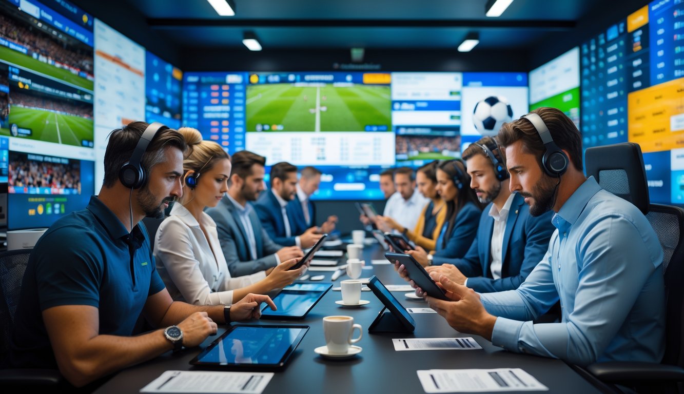 Suasana kantor agen taruhan olahraga dengan beberapa orang yang menggunakan perangkat digital dan layar besar menampilkan pertandingan olahraga.