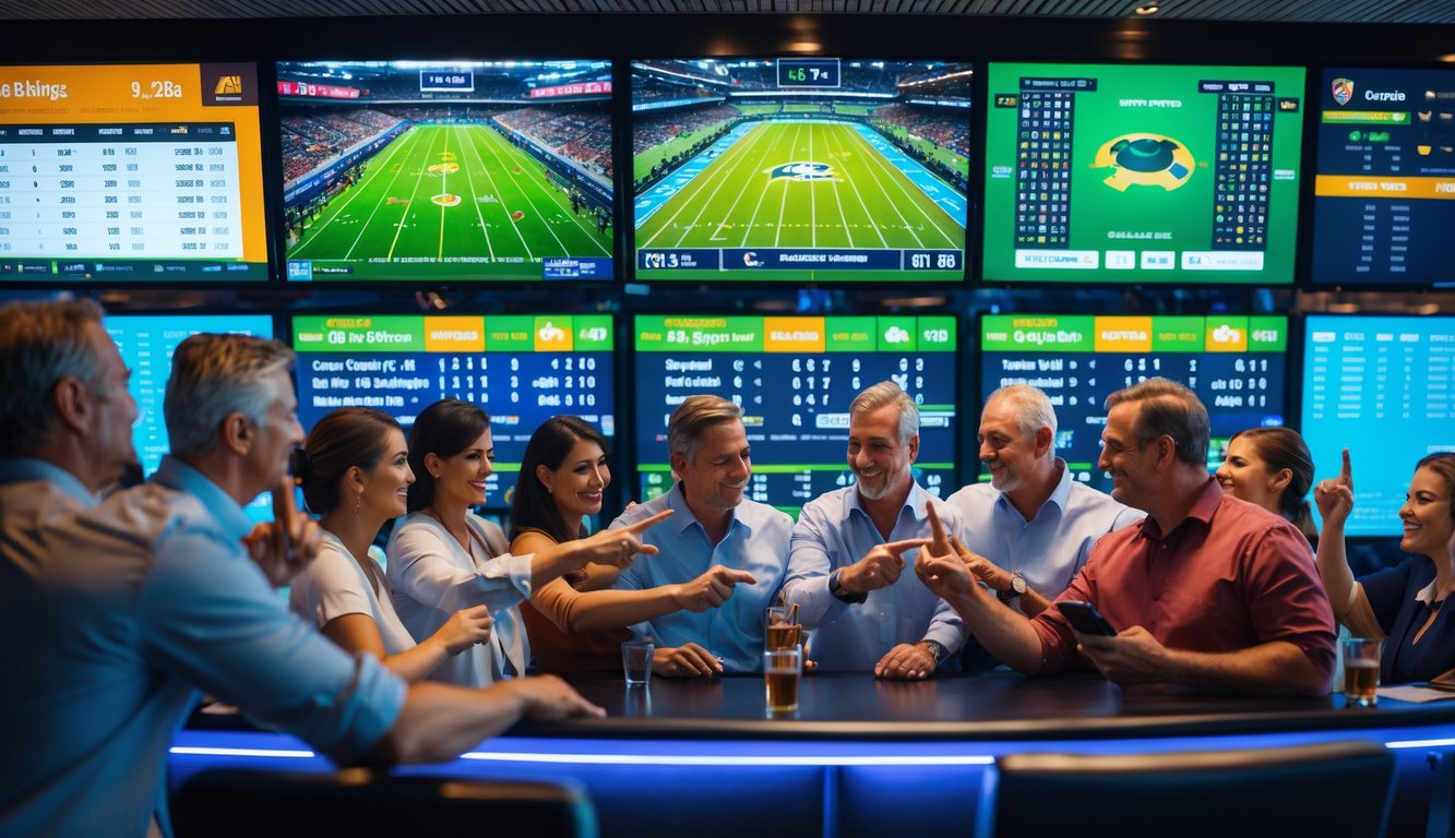 Sekelompok orang dewasa sedang menonton pertandingan olahraga langsung di sebuah ruangan modern dengan beberapa layar besar.