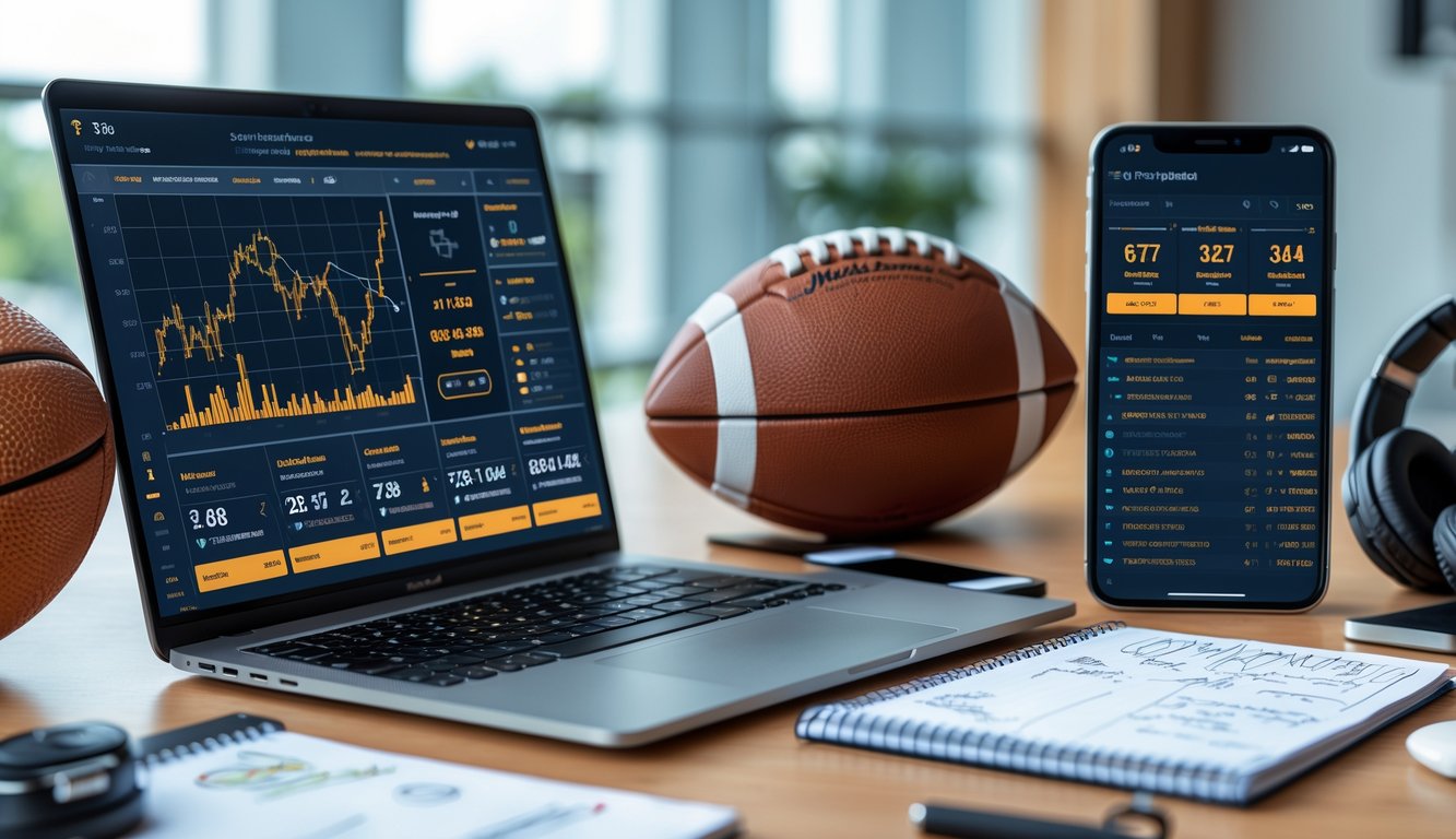 Meja kerja modern dengan laptop, ponsel, dan alat olahraga seperti bola sepak dan bola basket.