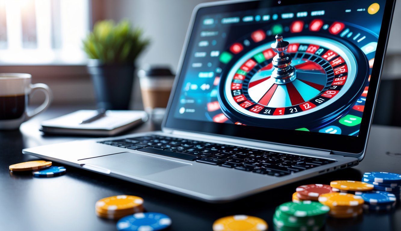 Seorang pria duduk di depan laptop dengan tampilan roda roulette digital dan chip taruhan di meja kerja yang rapi.