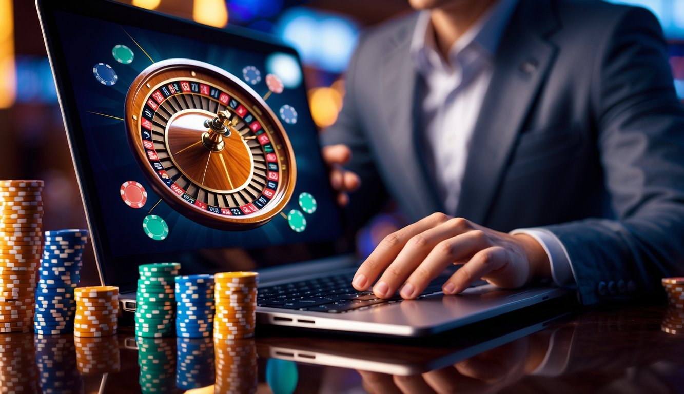 Seorang pemain sedang menggunakan laptop dengan tampilan roda roulette dan tumpukan chip kasino di atas meja kayu, dalam suasana kasino yang mewah.